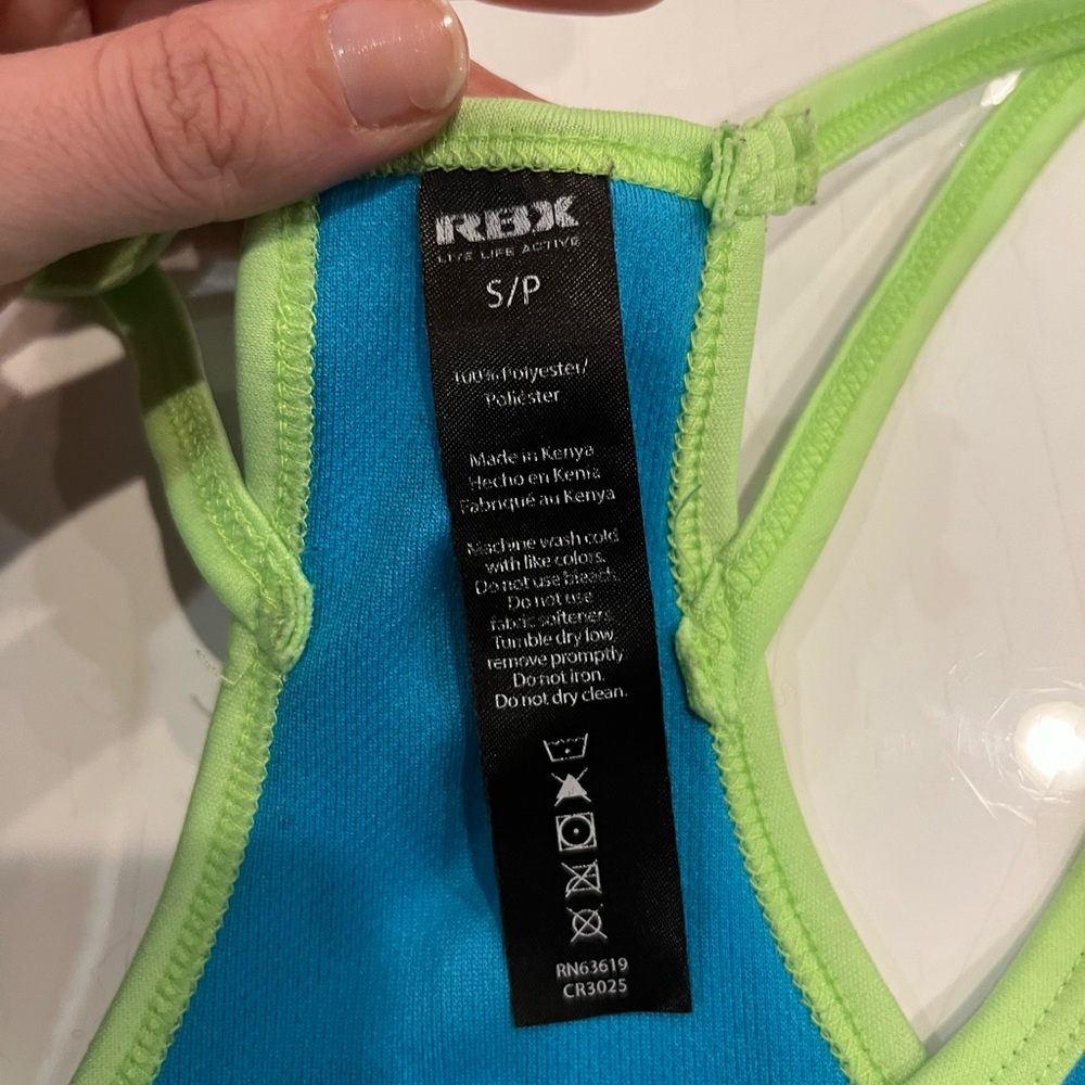 RBX athletic tank in light blue and green. Soft, sweat resistant material. - Picture 4 of 4